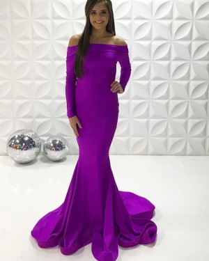 Off The Shoulder Purple Simple Satin Mermaid Long Formal Dress With Long Sleeves PD2253