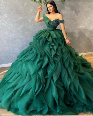 Ruffle Teal Green V-Neck Beading Bodice Ball Gown Formal Dress PD2254