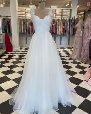 Square Neckline White Ruched Tulle Long Formal Dress With Feather Straps PD2265