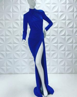 High Neck Blue Sheath Simple Long Sleeve Formal Dress With Side Slit PD2266