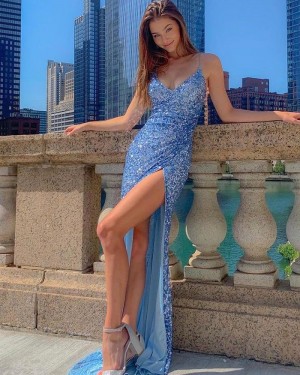 Blue Spaghetti Straps Sequin Mermaid Long Formal Dress with Side Slit PD2269