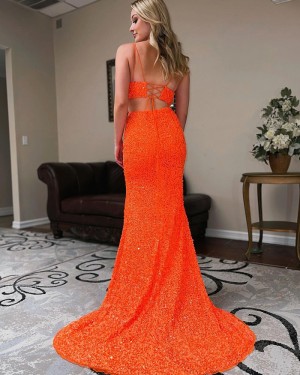 Spaghetti Straps Two Piece Orange Sequin Mermaid Long Formal Dress with Side Slit PD2270