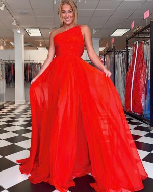 One Shoulder Red Chiffon Simple Long Formal Dress with Side Slit PD2281