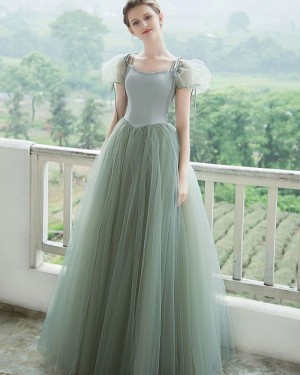 Mint Tulle Ball Gown Scoop Long Formal Dress with Short Bubble Sleeves PD2293