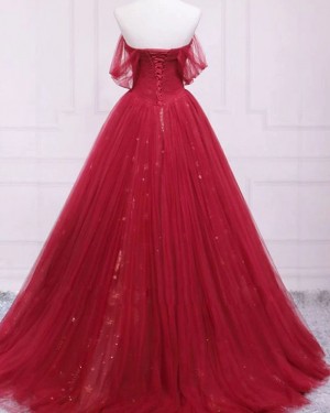 Tulle Red Pleated Off the Shoulder Ball Gown Long Evening Dress PD2294
