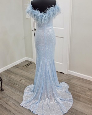Sequin Blue Mermaid V-neck Long Formal Dress with Feather PD2296