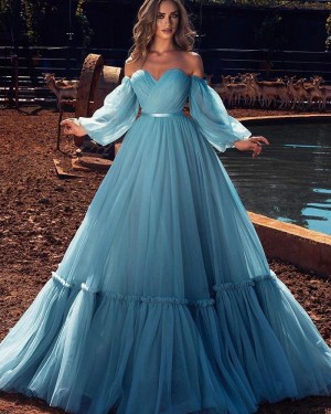 Ruched Tulle Blue Off the Shoulder Long Formal Dress with Long Sleeves PD2297