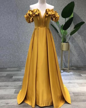 Gold Satin Off the Shoulder Pleated Long Evening Dress PD2302