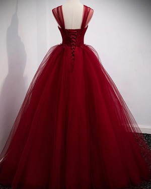 Burgundy Tulle Off the Shoulder Ball Gown Long Formal Dress PD2303