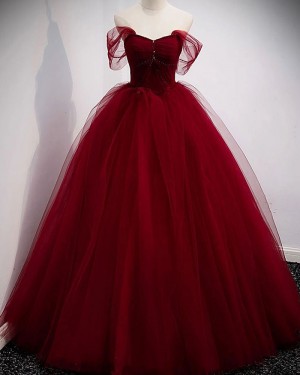 Burgundy Tulle Off the Shoulder Ball Gown Long Formal Dress PD2303
