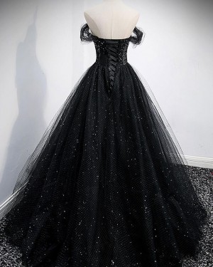 Black Tulle Off the Shoulder Beading Long Evening Dress PD2304