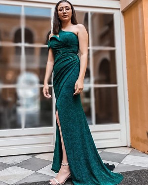 Cutout One Shoulder Sparkle Green Ruched Mermaid Long Formal Dress with Side Slit PD2305
