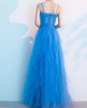 Blue Spaghetti Straps Ruched Tulle Long Formal Dress PD2306