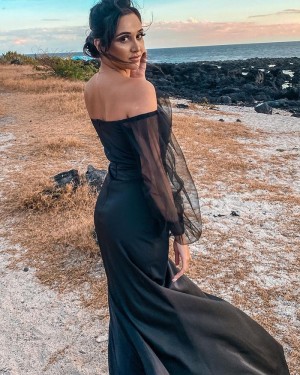 Black Ruched Satin Off the Shoulder Mermaid Long Formal Dress with Long Tulle Sleeves PD2307