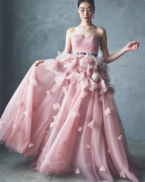 Peach Pink Ruched Sweetheart Tulle Long Evening Dress with Handmade Flowers PD2309