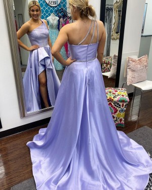 Lavender Satin One Shoulder Ruched Long Formal Dress with Pockets PD2311
