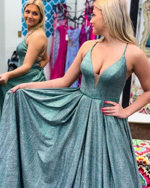 Sparkle Spaghetti Straps Green Pleated Long Formal Dress PD2312