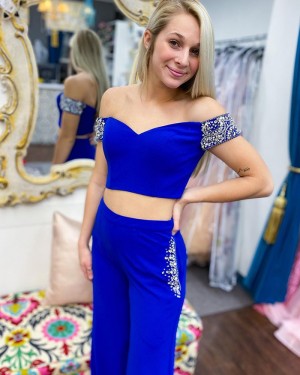 Two Piece Off the Shoulder Royal Blue Beading Jumpsuit PD2313