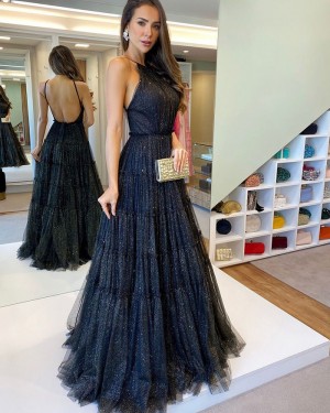 Sequin Spaghetti Straps Black Pleated Long Evening Dress with Open Back PD2320