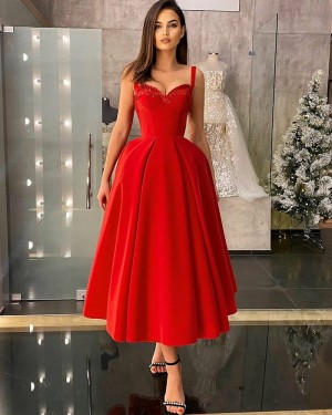 Beading Red Square Neckline Satin Ankle Length Long Formal Dress PD2321