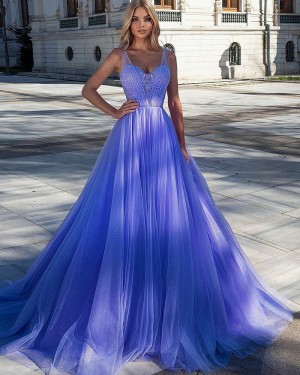 Sequin Bodice Pleated Tulle V-neck Sky Blue Long Evening Dress PD2324