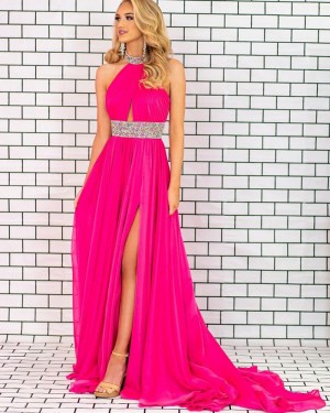 Ruched Fuchsia High Neck Chiffon Beading Long Formal Dress with Side Slit PD2329
