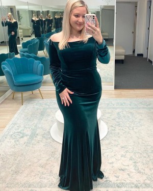 Green Velvet Off the Shoulder Mermaid Long Formal Dress with Long Sleeves PD2330