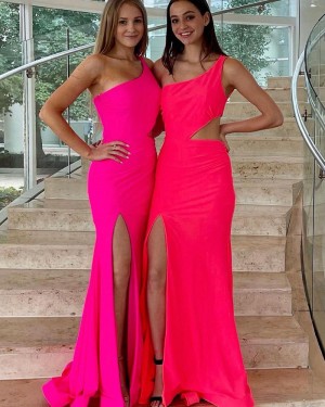 Cutout One Shoulder Pink Satin Mermaid Long Formal Dress with Side Slit PD2331