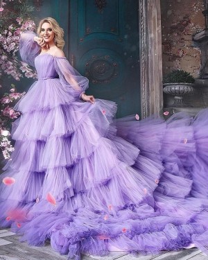 Lavender Off the Shoulder Tulle Long Sleeve Long Evening Dress with Layered Skirts PD2335