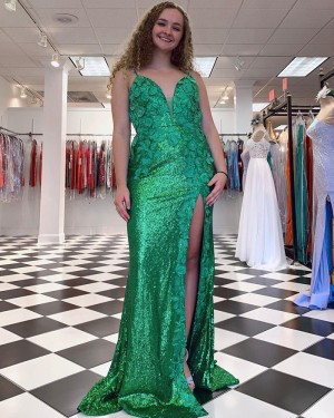 Green Spaghetti Straps Sequin 3D Flowers Long Formal Dress with Side Slit PD2337
