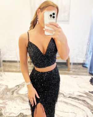 Black Sequin Mermaid Two Piece Long Formal Dress with Side Slit & Tassels PD2339
