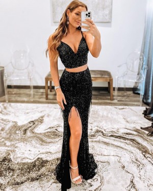 Black Sequin Mermaid Two Piece Long Formal Dress with Side Slit & Tassels PD2339