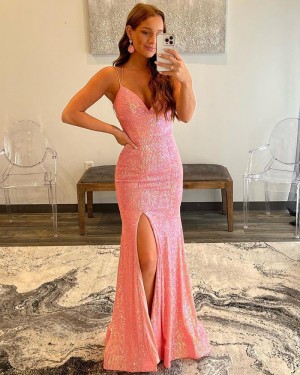 Pink Strappy Sequin Spaghetti Straps Mermaid Long Formal Dress with Side Slit PD2340