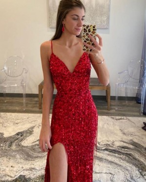 Spaghetti Straps Mermaid Sequin Red Long Formal Dress with Side Slit & Tassels PD2341