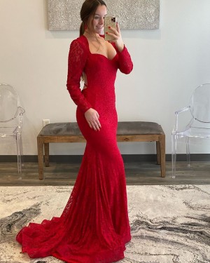 Red Beading Queen Anne Lace Mermaid Long Formal Dress with Long Sleeves PD2343