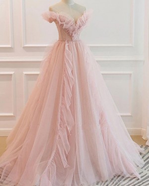 Light Pink Ruched Tulle V-neck Beading A-line Long Formal Dress PD2344