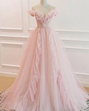 Light Pink Ruched Tulle V-neck Beading A-line Long Formal Dress PD2344