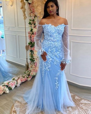 Blue Applique Tulle Off the Shoulder Long Formal Dress with Long Sleeves PD2345