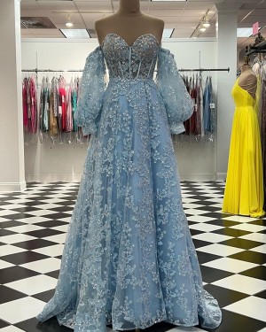 Light Blue Beading Applique Sweetheart Long Formal Dress with Detachable Long Sleeves PD2349