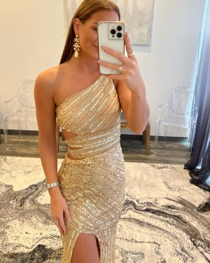 Gold Strappy Sequin One Shoulder Cutout Long Formal Dress with Side Slit PD2352