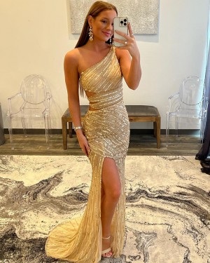 Gold Strappy Sequin One Shoulder Cutout Long Formal Dress with Side Slit PD2352