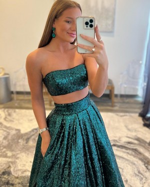 Two Piece Green Sequin A-line Strapless Long Formal Dress with Pockets PD2356