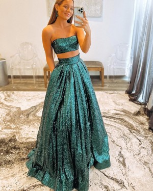 Two Piece Green Sequin A-line Strapless Long Formal Dress with Pockets PD2356