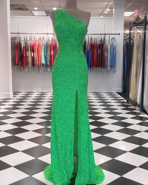 Green Sequin Mermaid One Shoulder Long Formal Dress with Side Slit PD2358