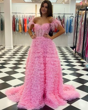 Pink Beading Bodice Ruffled Off the Shoulder Long Formal Dress with Feathers PD2359