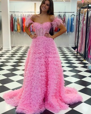 Pink Beading Bodice Ruffled Off the Shoulder Long Formal Dress with Feathers PD2359