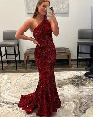 Burgundy Sequin Mermaid One Shoulder Long Formal Dress PD2360