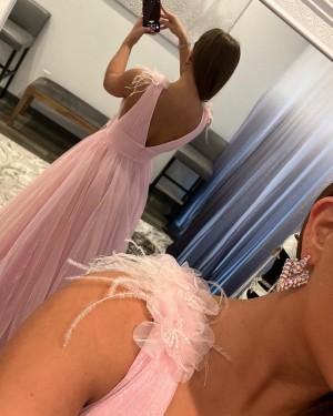 Pearl Pink Tulle V-neck Simple Long Formal Dress with Feathers PD2362