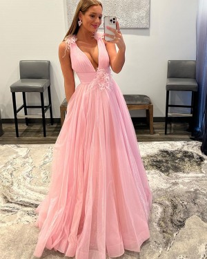 Pearl Pink Tulle V-neck Simple Long Formal Dress with Feathers PD2362
