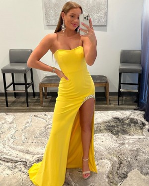 Yellow Satin Mermaid Strapless Long Formal Dress with Beading Side Slit PD2365